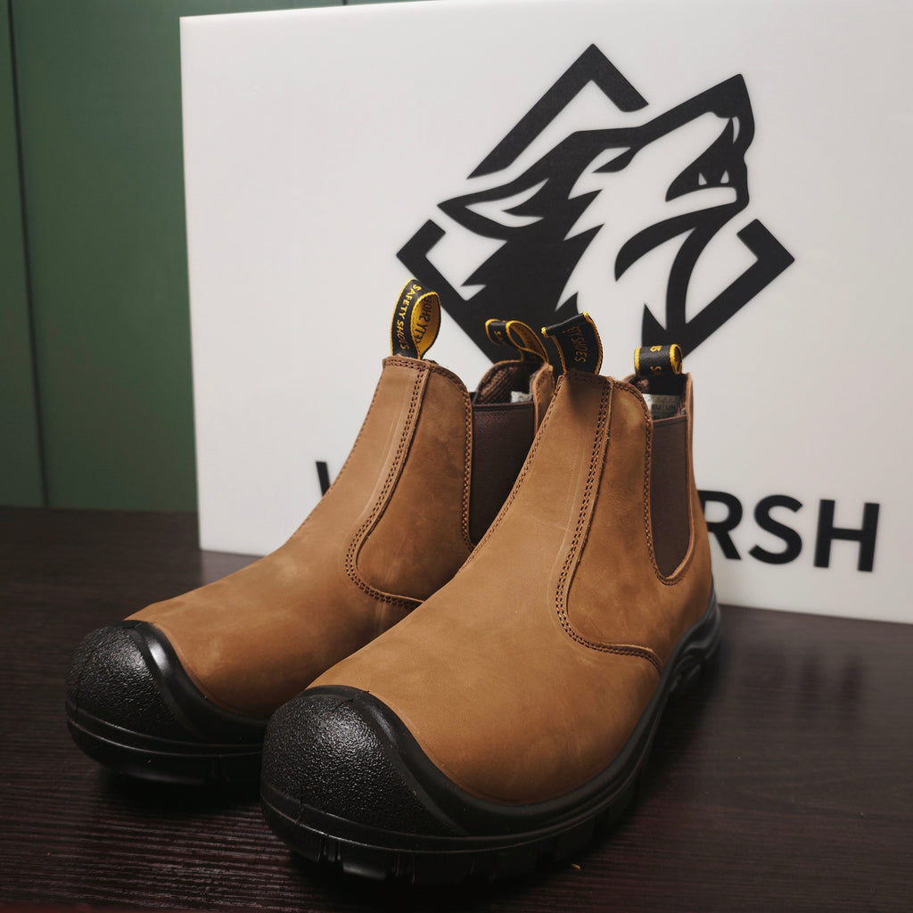 WolfMarsh Steel Toe Men's Chelsea Work Boots Slip-On Safety Shoes with Breathable Design Kevlar Anti-Puncture Sole Abrasion Resistance Waterproof Full Grain Leather