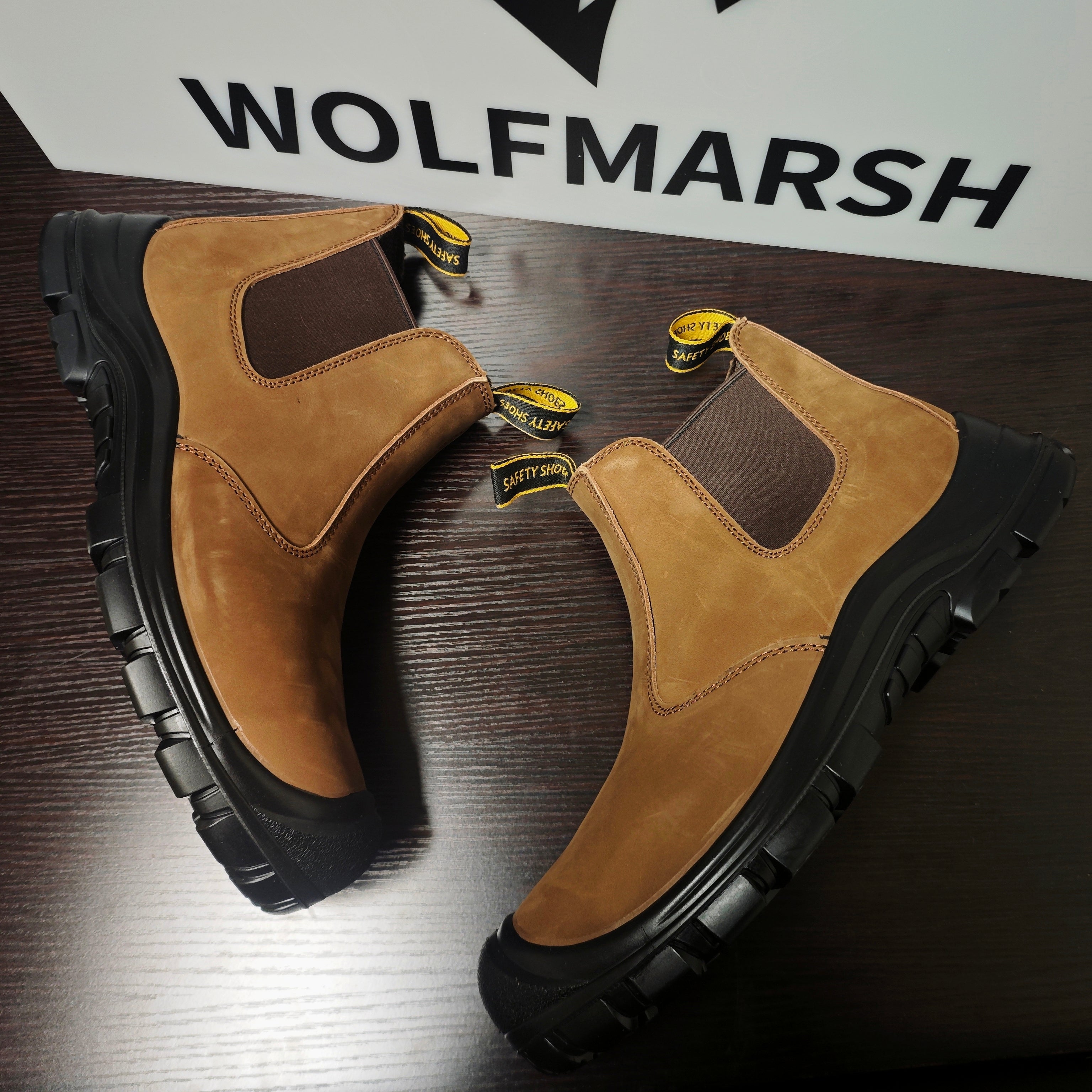 WolfMarsh Steel Toe Men's Chelsea Work Boots Slip-On Safety Shoes with Breathable Design Kevlar Anti-Puncture Sole Abrasion Resistance Waterproof Full Grain Leather