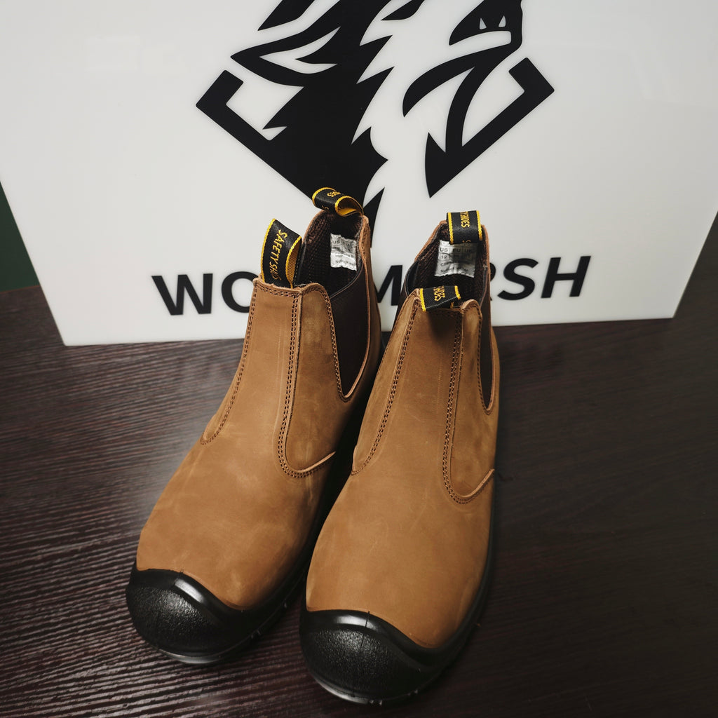 WolfMarsh Steel Toe Men's Chelsea Work Boots Slip-On Safety Shoes with Breathable Design Kevlar Anti-Puncture Sole Abrasion Resistance Waterproof Full Grain Leather