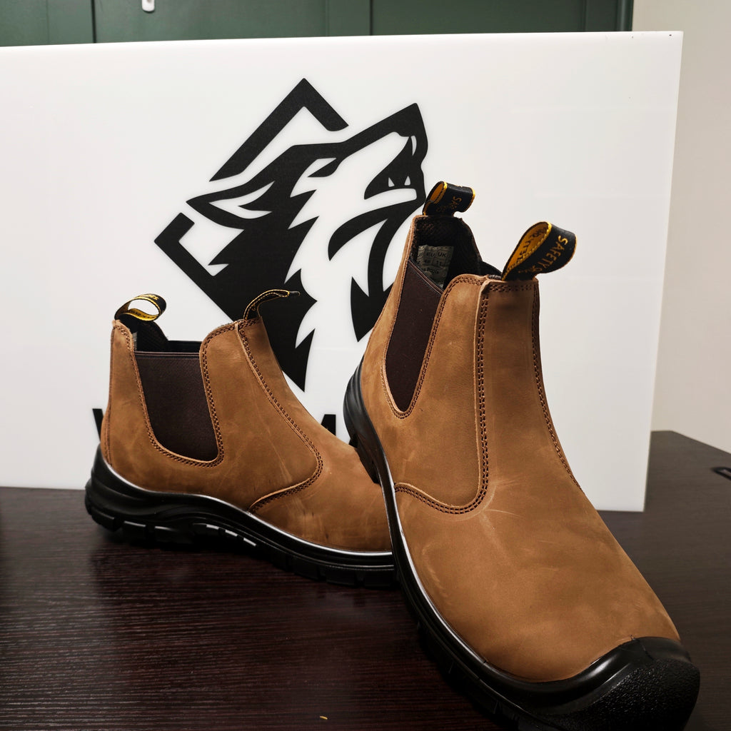 WolfMarsh Steel Toe Men's Chelsea Work Boots Slip-On Safety Shoes with Breathable Design Kevlar Anti-Puncture Sole Abrasion Resistance Waterproof Full Grain Leather