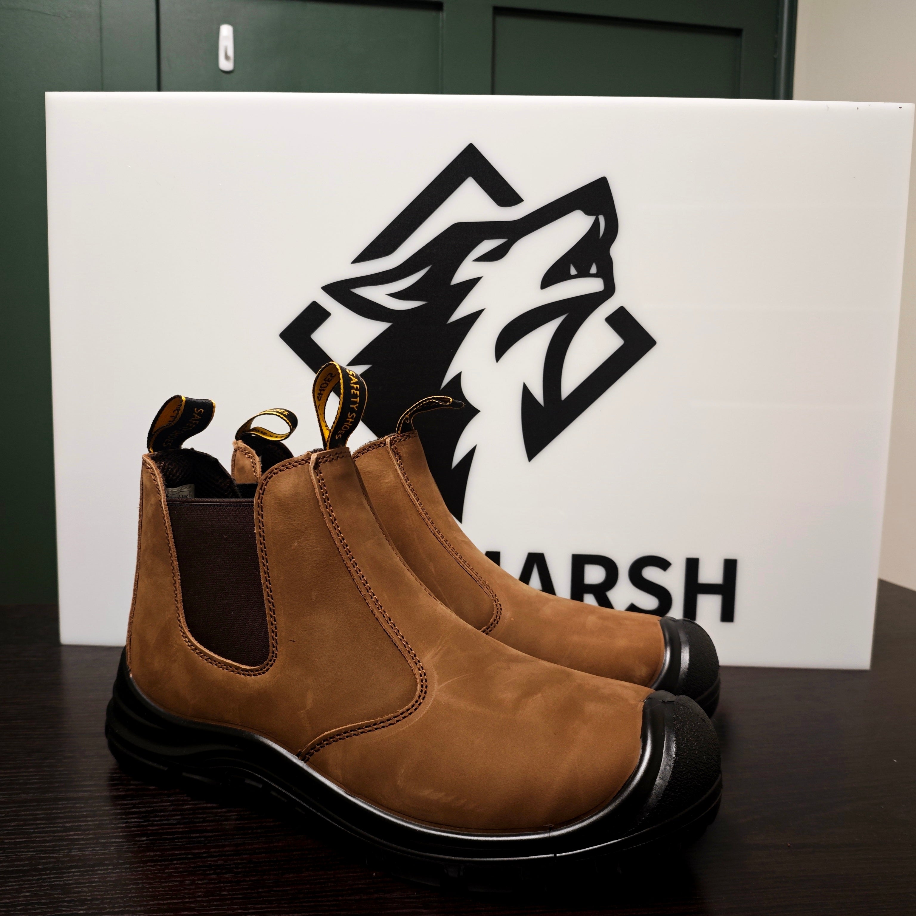 WolfMarsh Steel Toe Men's Chelsea Work Boots Slip-On Safety Shoes with Breathable Design Kevlar Anti-Puncture Sole Abrasion Resistance Waterproof Full Grain Leather